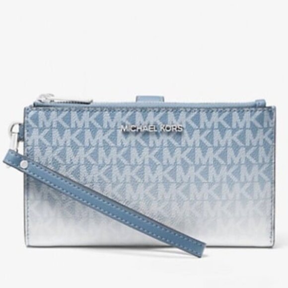 Michael Kors Jet Set Large Ombré Logo Double Zip Wristlet Wallet Denim - Picture 1 of 3